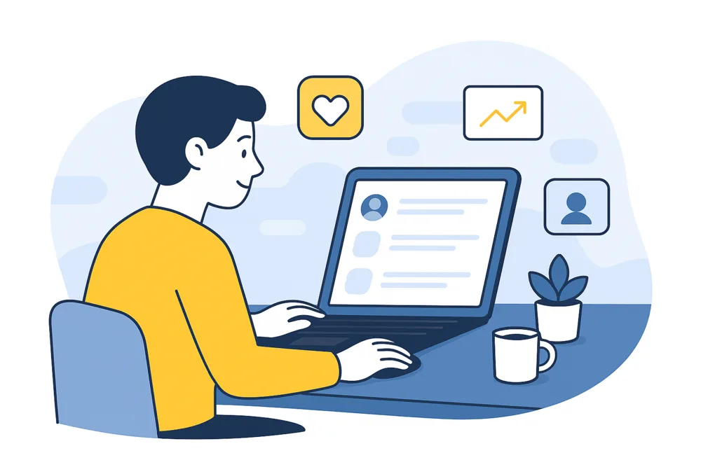 Person using a laptop to scroll through a clean Twitter feed, with floating icons for likes and growth, and a peaceful workspace in blue and yellow tones.