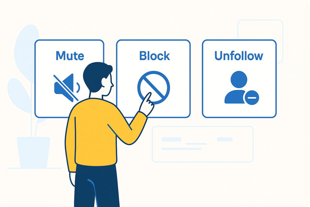 Person pointing at digital panels for mute, block, and unfollow, representing Twitter tools for managing interactions in calm blue and yellow tones.