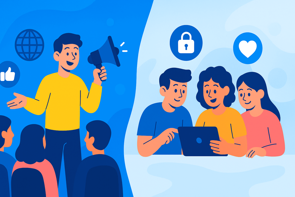Split cartoon scene showing a public Facebook event with a crowd and a private one with a small group, representing event privacy options.