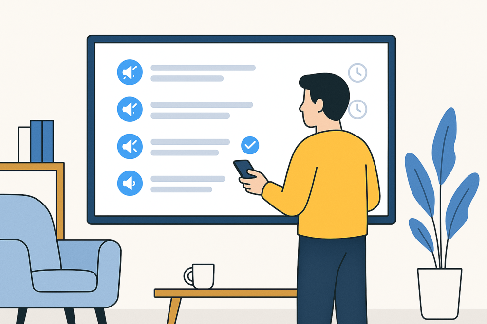 Person using a remote to manage muted words on Twitter displayed on a large wall screen, set in a modern workspace with soft blue and yellow tones.