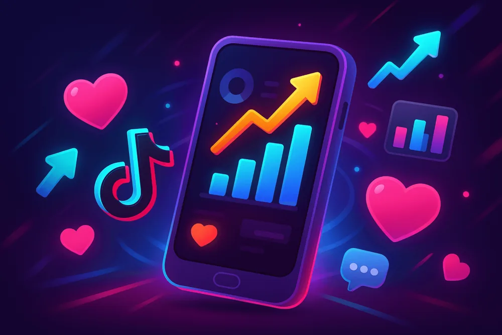 Floating smartphone showing rising analytics chart surrounded by TikTok icons, hearts, and arrows on a dark neon background