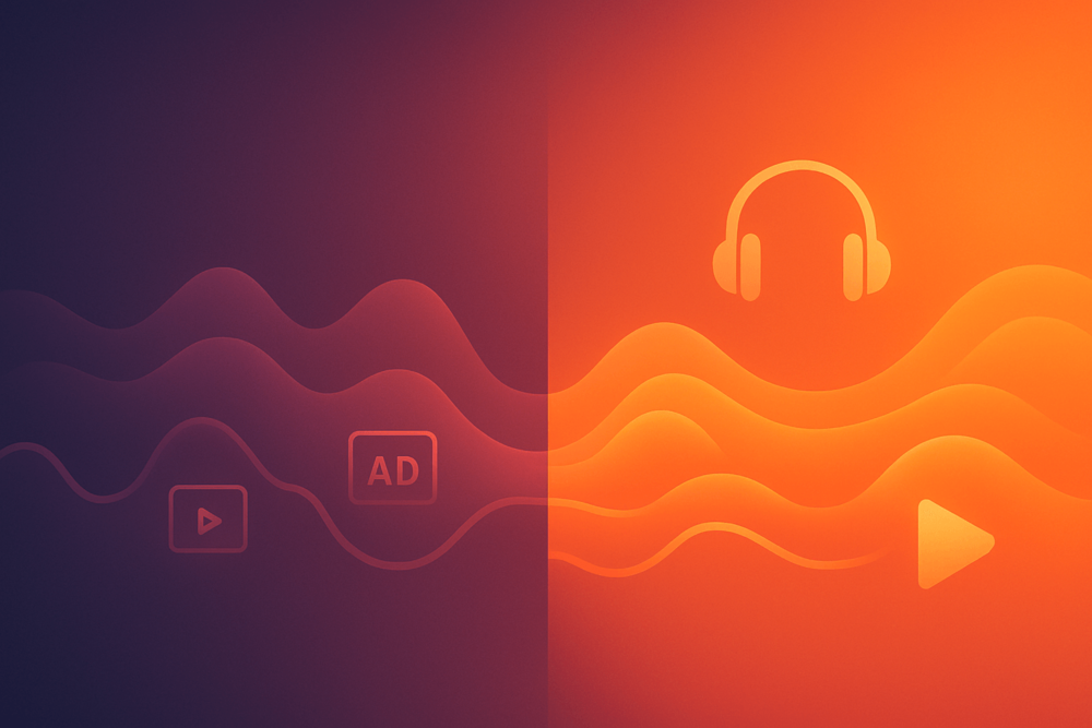 Abstract balanced illustration showing the contrast between SoundCloud free and premium listening, with ads and waveforms on one side and smooth sound waves with headphones on the other.