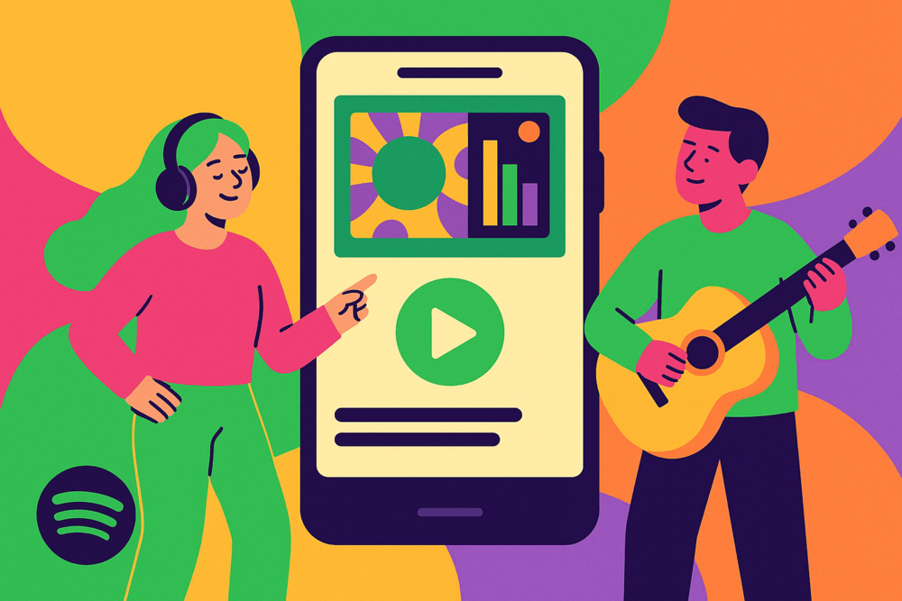 Two people beside a large phone showing music stats