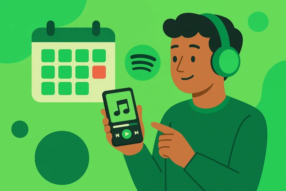 Person checking music stats on phone with calendar, illustrating when does Spotify Wrapped stop tracking.