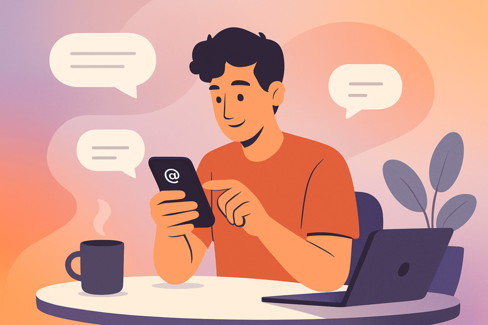 Person sitting at a table and browsing Threads on their phone, with warm gradients and soft lighting