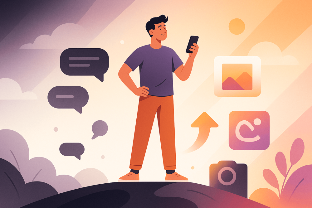 Confident creator standing on a platform surrounded by floating chat bubbles and upward arrows