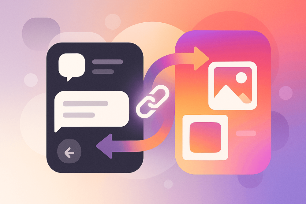 Overlapping abstract circles and flowing arrows blending Threads’ monochrome palette with Instagram’s gradient tones