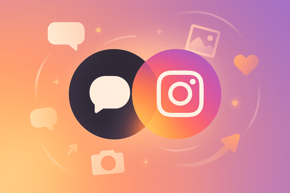 Two overlapping icons blending Threads’ neutral tones with Instagram’s warm gradient colours, surrounded by soft glowing elements