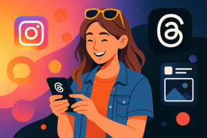 Young person smiling while using their phone, surrounded by abstract social media icons and gradients blending Instagram and Threads aesthetics