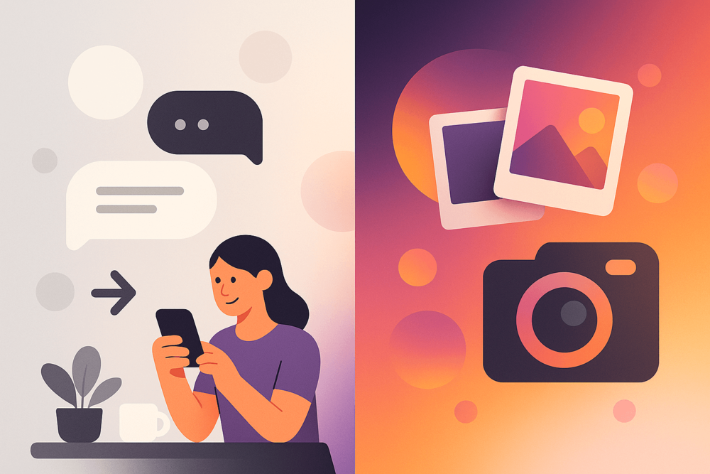 Illustration showing a split composition with Threads on one side represented by chat bubbles and reply icons, and Instagram on the other side