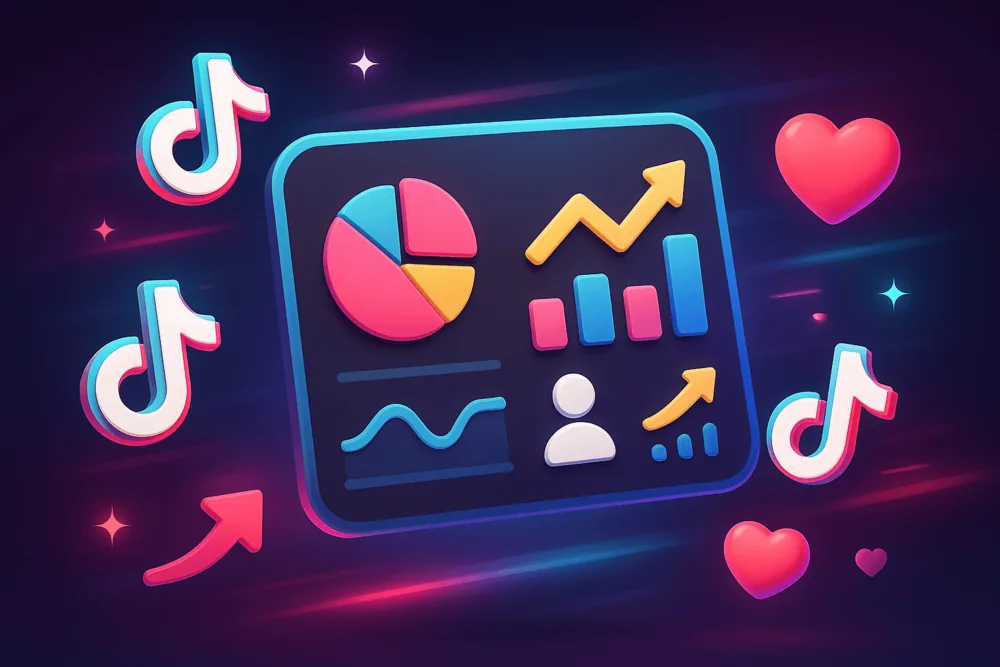 Floating TikTok analytics dashboard with colorful charts, arrows, and icons glowing against a dark neon background