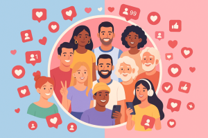 A group of diverse influencers smiling and posing inside a circular frame surrounded by floating Instagram hearts, likes, and follower icons.