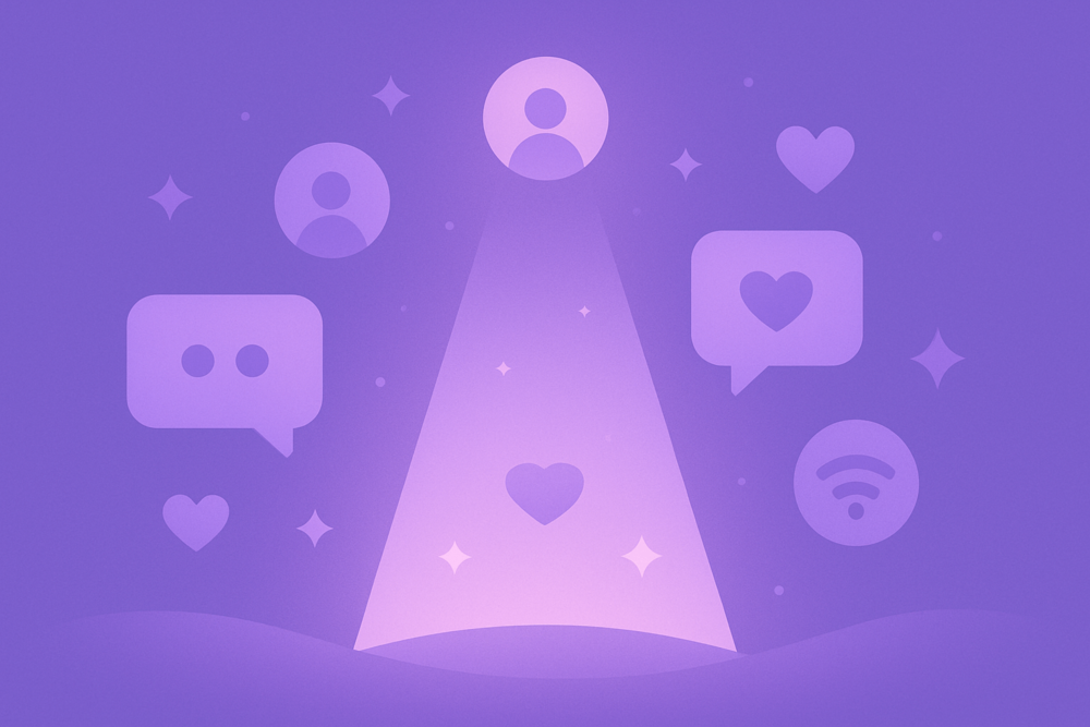 purple spotlight with chat icons and follower symbols for twitch growth