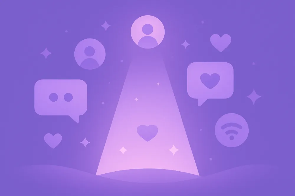 purple spotlight with chat icons and follower symbols for twitch growth