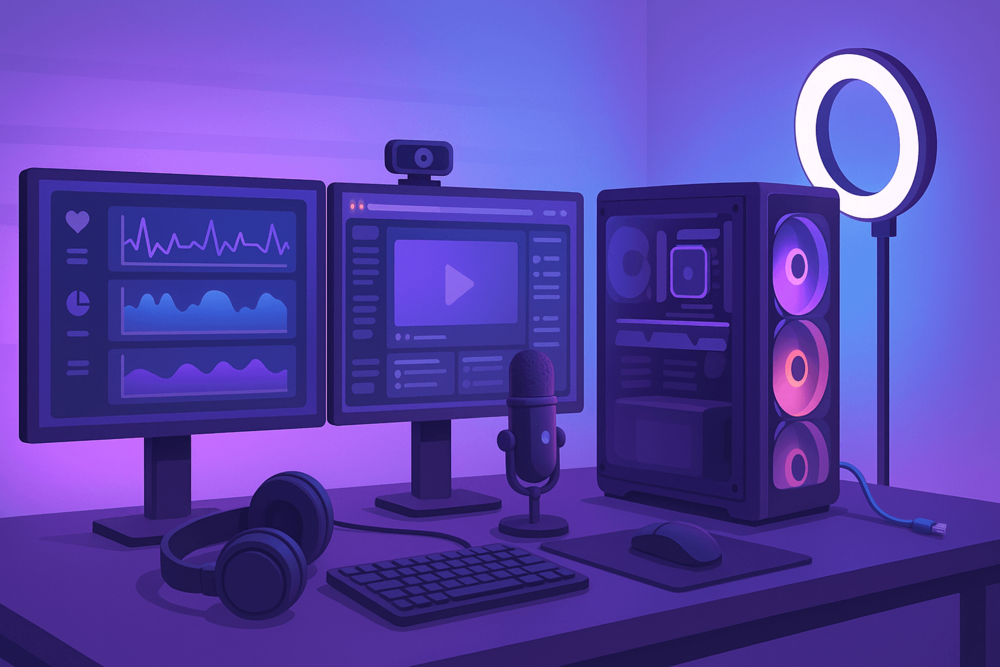 twitch streaming desk setup with dual monitors microphone and pc tower