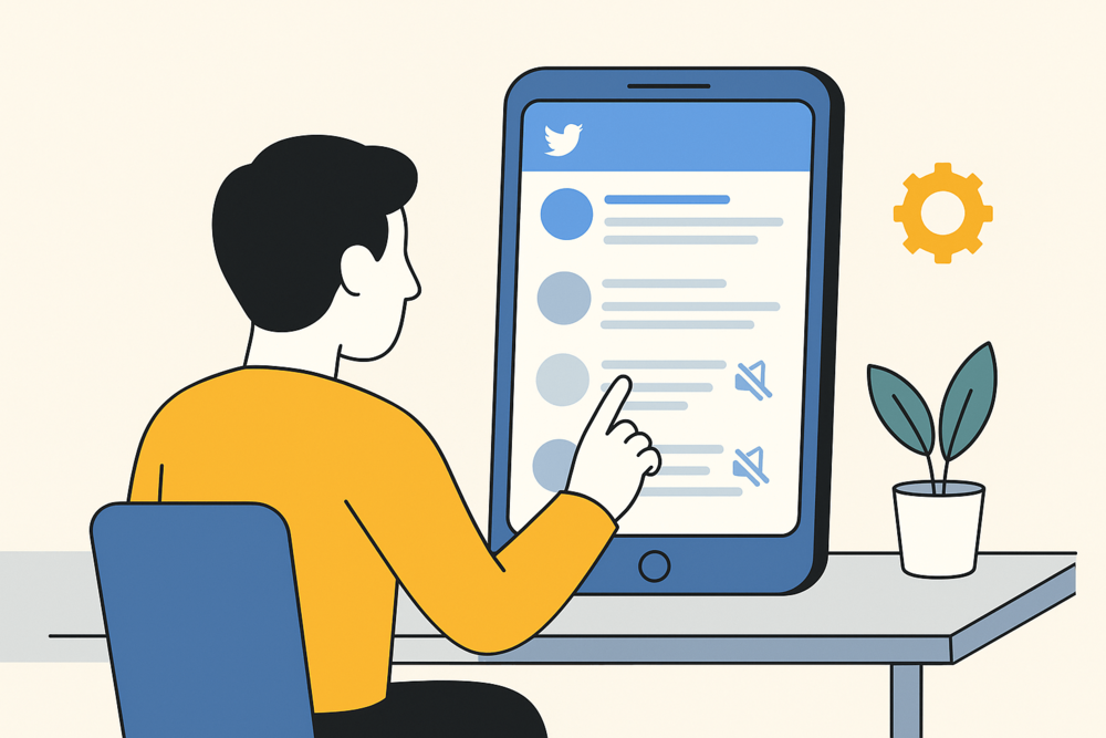 Person using a large smartphone to view muted tweets on Twitter, with greyed-out messages, soft blue tones, and a minimalist desk setup.