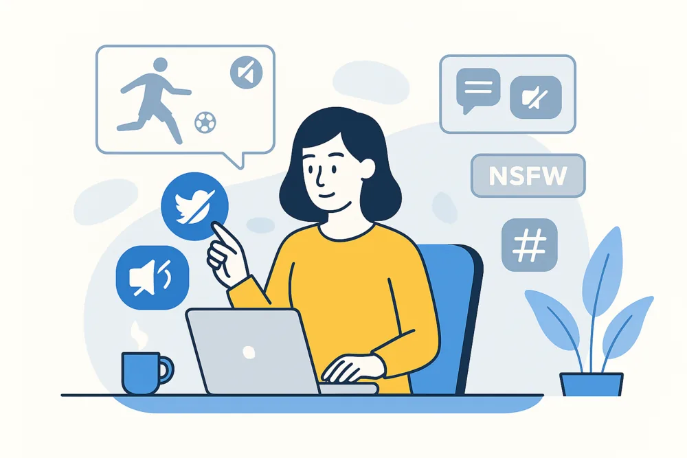 Woman at a desk using Twitter, surrounded by floating icons for muted content like sports updates, NSFW tags, and trending hashtags, in calm blue and yellow tones.