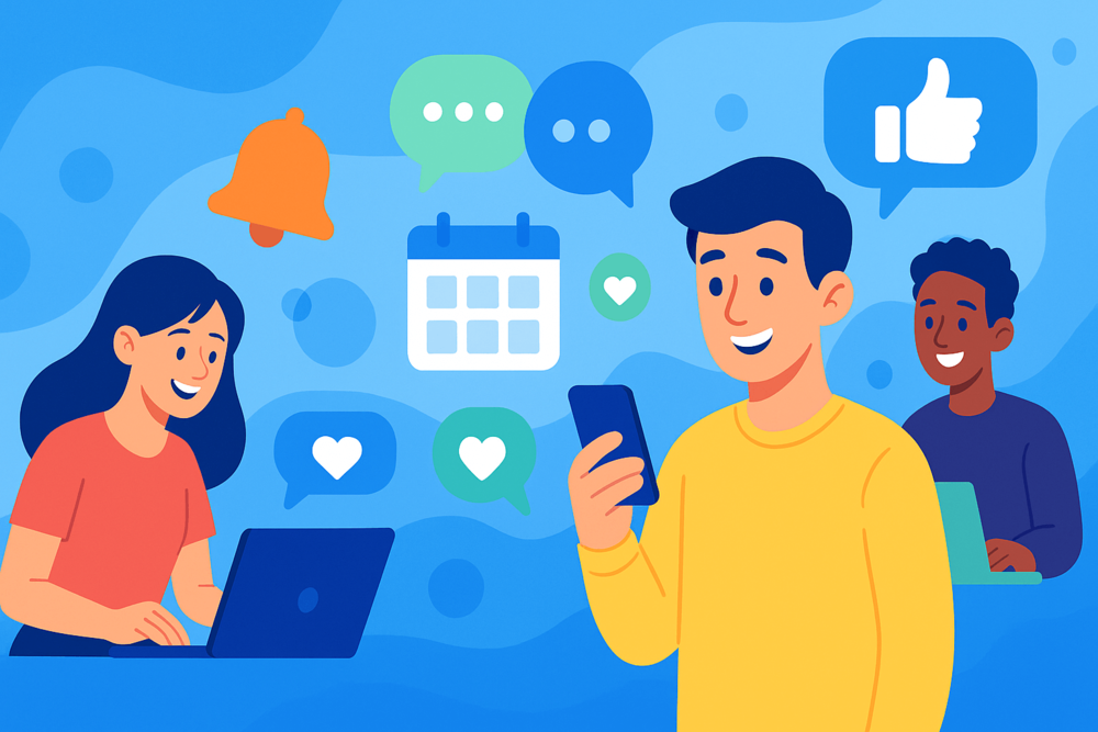 Cartoon people using phones and laptops with Facebook icons, showing why to use Facebook events.