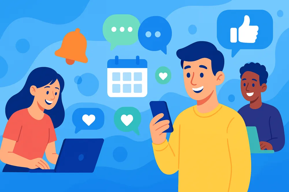 Cartoon people using phones and laptops with Facebook icons, showing why to use Facebook events.