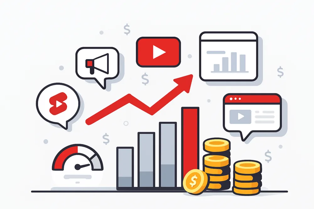 Rising bar chart with YouTube icons and coins
