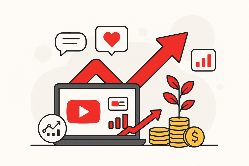 Laptop with YouTube logo and plant growing from coins