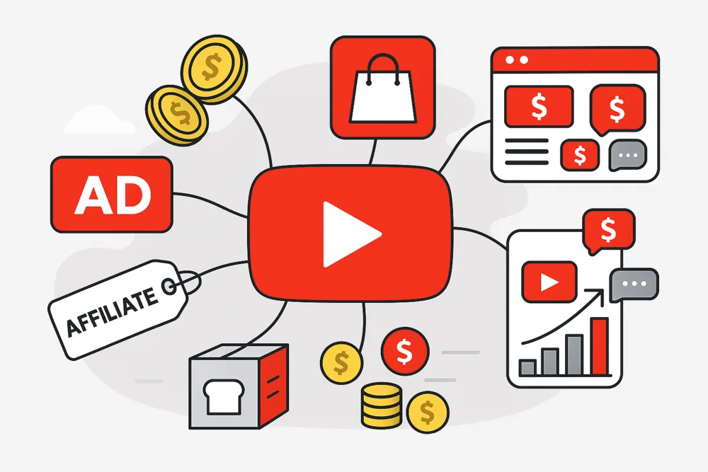 Icons for ads, affiliate links, and sponsorships around YouTube logo
