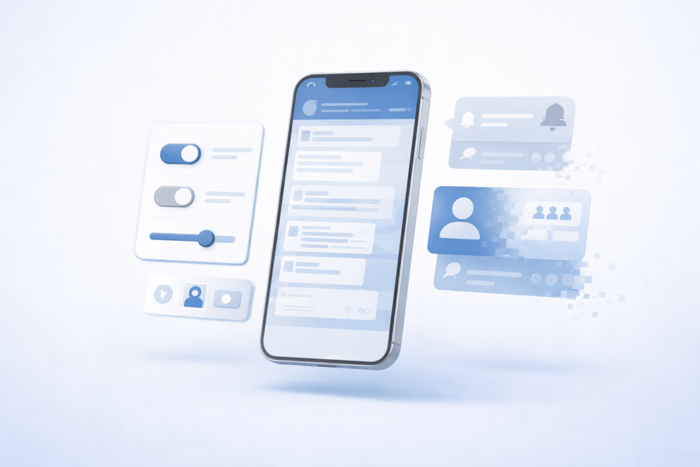 Illustration of a smartphone with adjustable interface elements and muted chat icons, representing alternatives to deleting a Telegram account