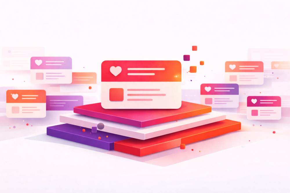 Illustration showing content elements stacked, representing confident growth and visibility on Threads