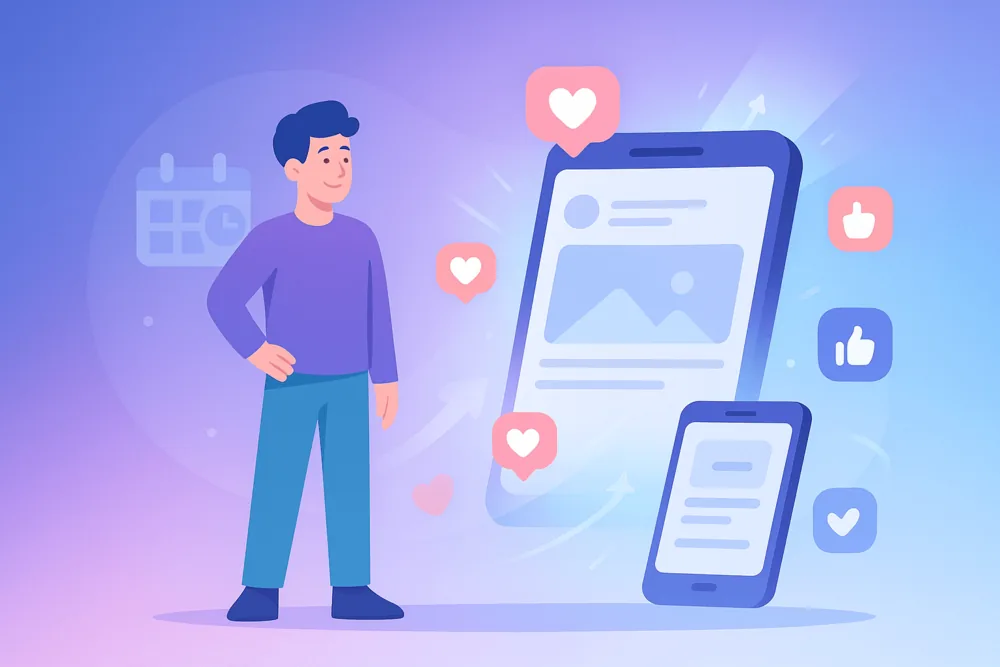 Cartoon-style illustration of a person beside a floating social post gaining likes and engagement boosts.