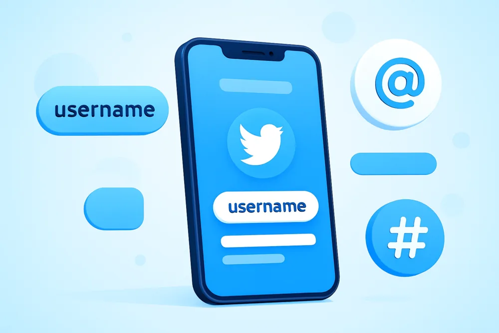 Abstract floating phone and UI elements representing Tips for Choosing a Good Twitter Handle.