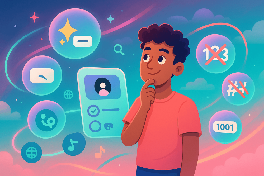 Creator comparing floating username idea bubbles, with icons representing good and bad username choices in a colorful TikTok-style digital background.