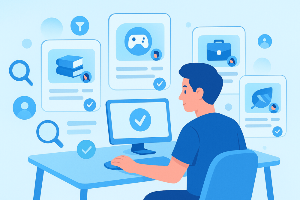 Person reviewing different Telegram group cards on a computer to choose the right ones.