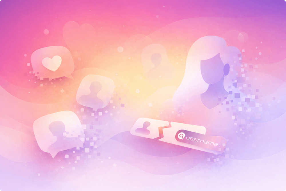 Abstract Instagram-style illustration showing fading profile icons, disappearing likes and comments, and broken tags representing signs of being blocked on Instagram