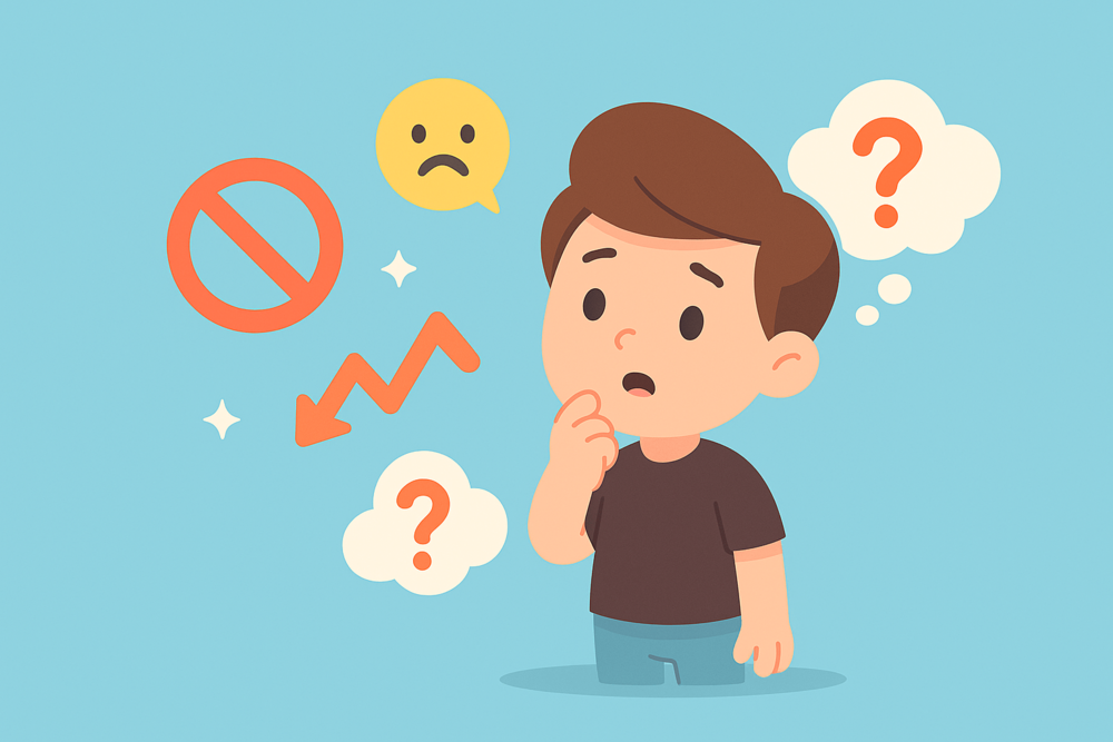 Cartoon character reacting to floating warning icons