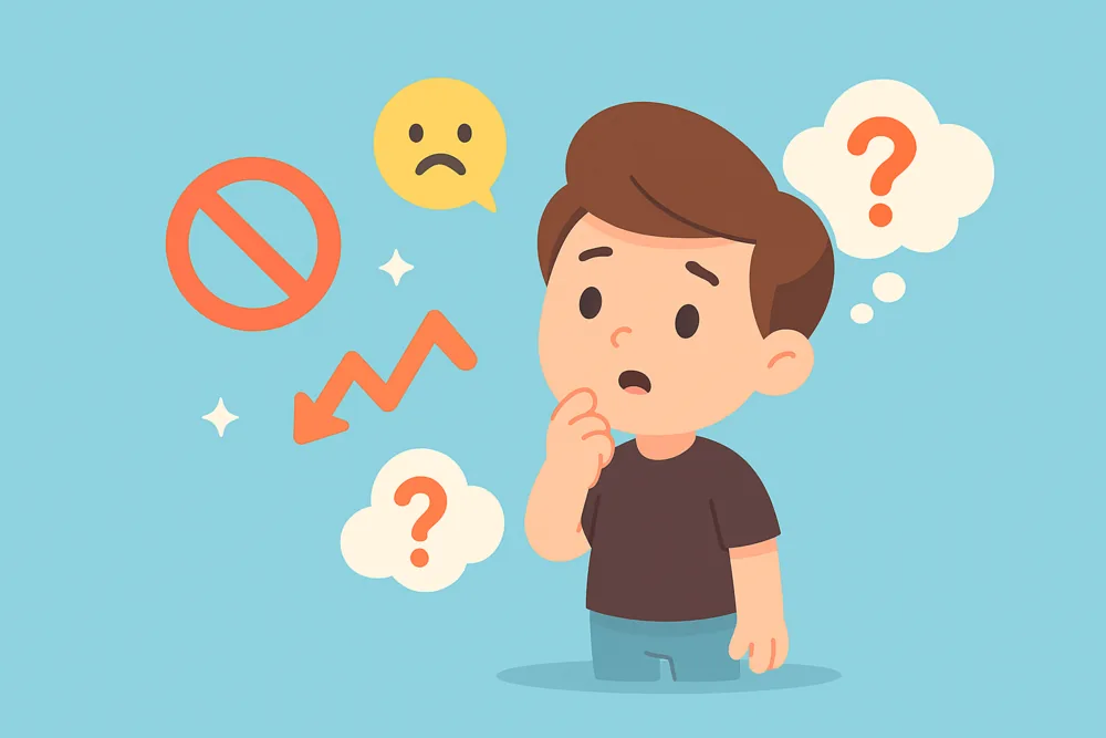 Cartoon character reacting to floating warning icons