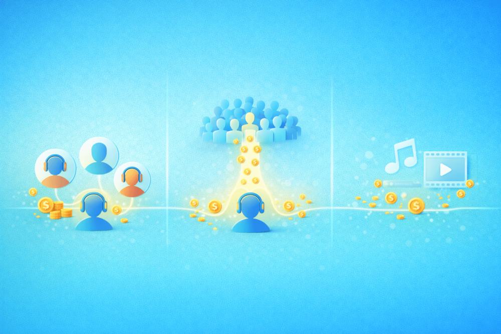  Minimal illustration comparing SoundCloud’s listener-based payouts with pooled and video-based streaming models
