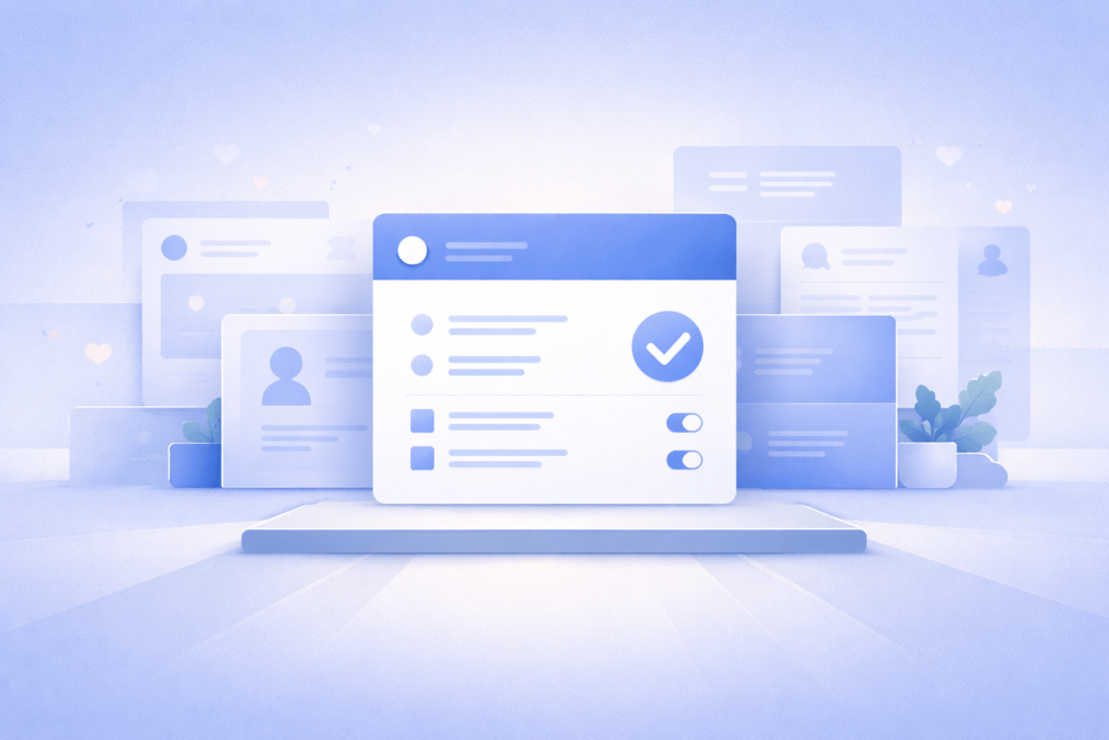 Illustration showing a central control panel with privacy options set, surrounded by muted background elements, representing clear and confident control over Facebook privacy settings.