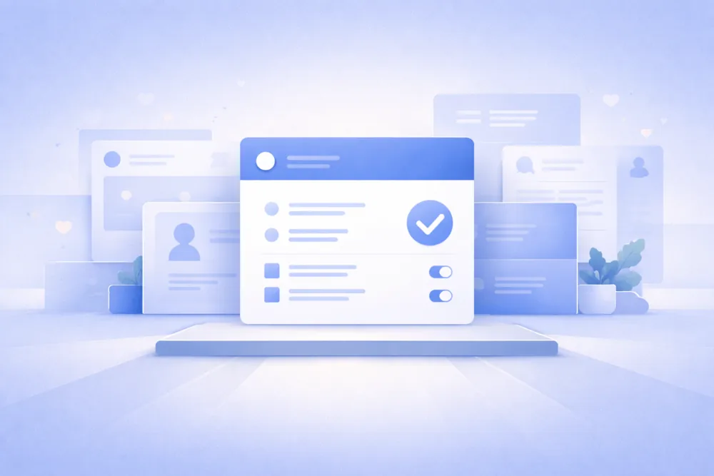 Illustration showing a central control panel with privacy options set, surrounded by muted background elements, representing clear and confident control over Facebook privacy settings.