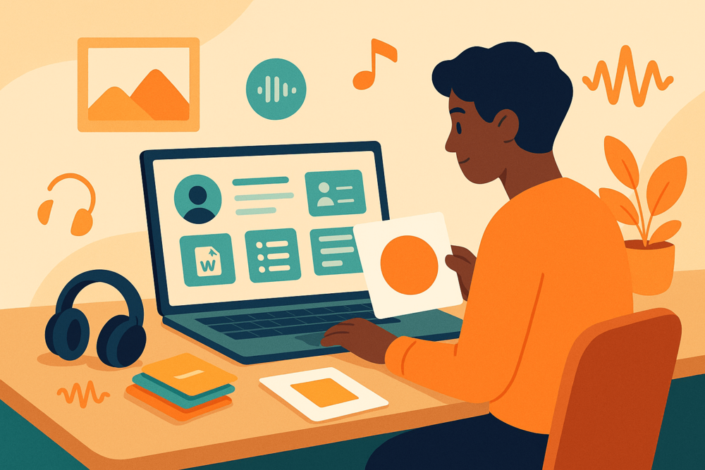 Illustration of an artist arranging album artwork and reviewing profile details on a laptop, with music icons and headphones nearby.