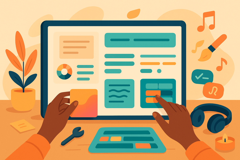 Flat-style image showing hands adjusting colorful layout elements on a large digital interface with music-themed icons around it.