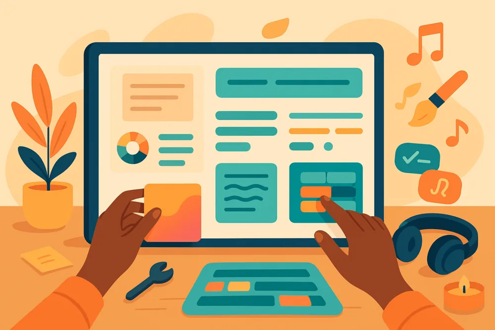 Flat-style image showing hands adjusting colorful layout elements on a large digital interface with music-themed icons around it.