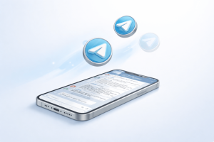 Illustration of a smartphone with Telegram-style icons moving away, representing deleting a Telegram account