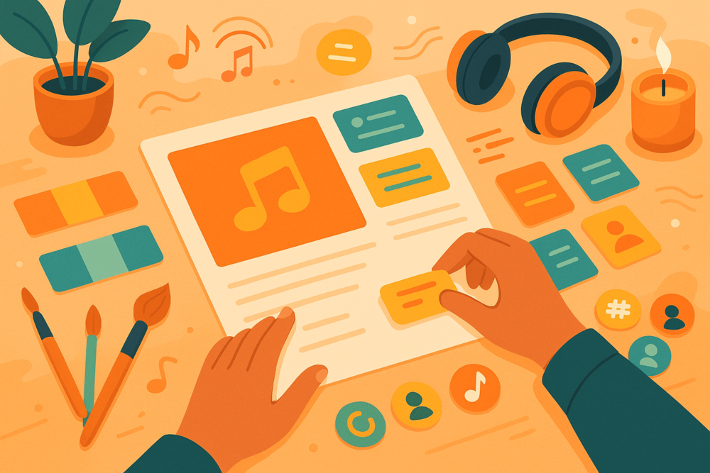 Illustration of hands arranging album elements, color palettes, and track labels on a workspace with brushes, headphones, and music icons.