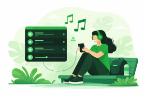 Illustration of a person listening to music on a smartphone with headphones, representing offline song downloads on Spotify