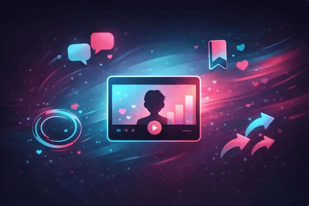 Illustrated video card surrounded by abstract engagement icons representing watch time, comments, saves, and shares on TikTok.