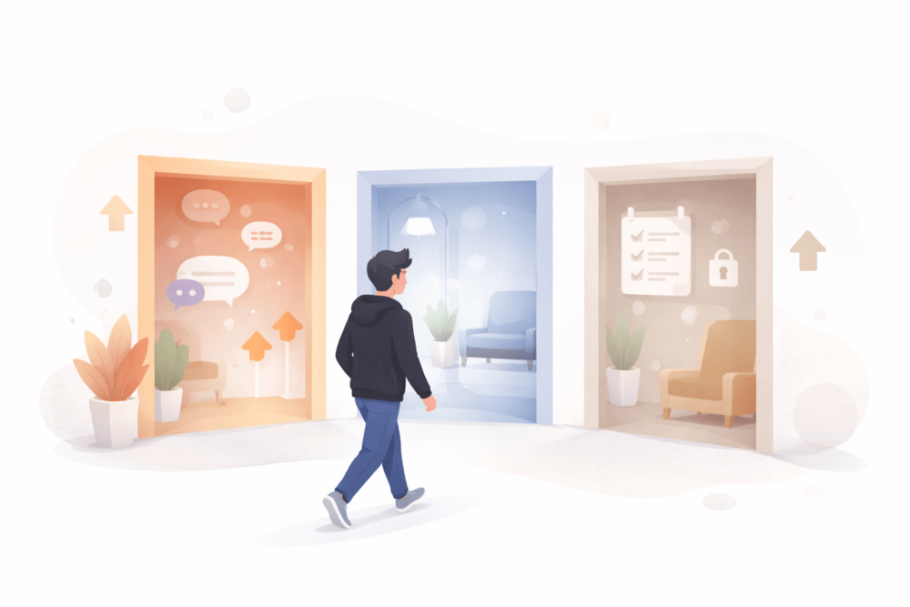 Illustration of a user moving between different subreddit spaces with varying activity levels