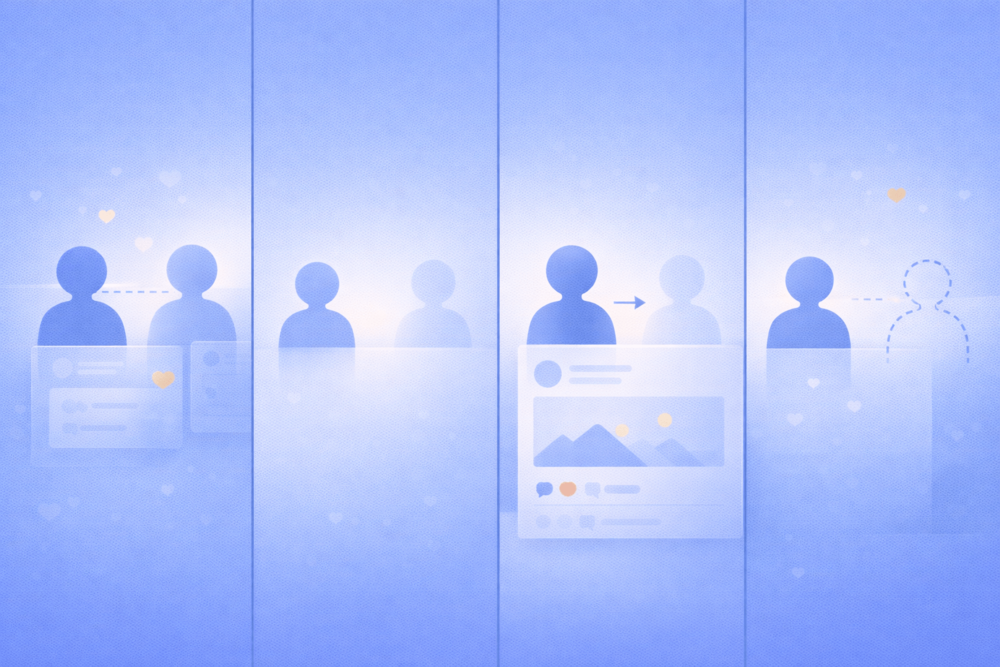 Illustration showing four side-by-side panels representing different Facebook connection states, with varying levels of visibility and interaction to compare restricted, blocked, unfollowed, and unfriended options.