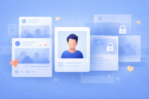 Illustration showing a Facebook user profile with one group of friends fully visible and another group faded, representing restricted visibility and privacy settings.