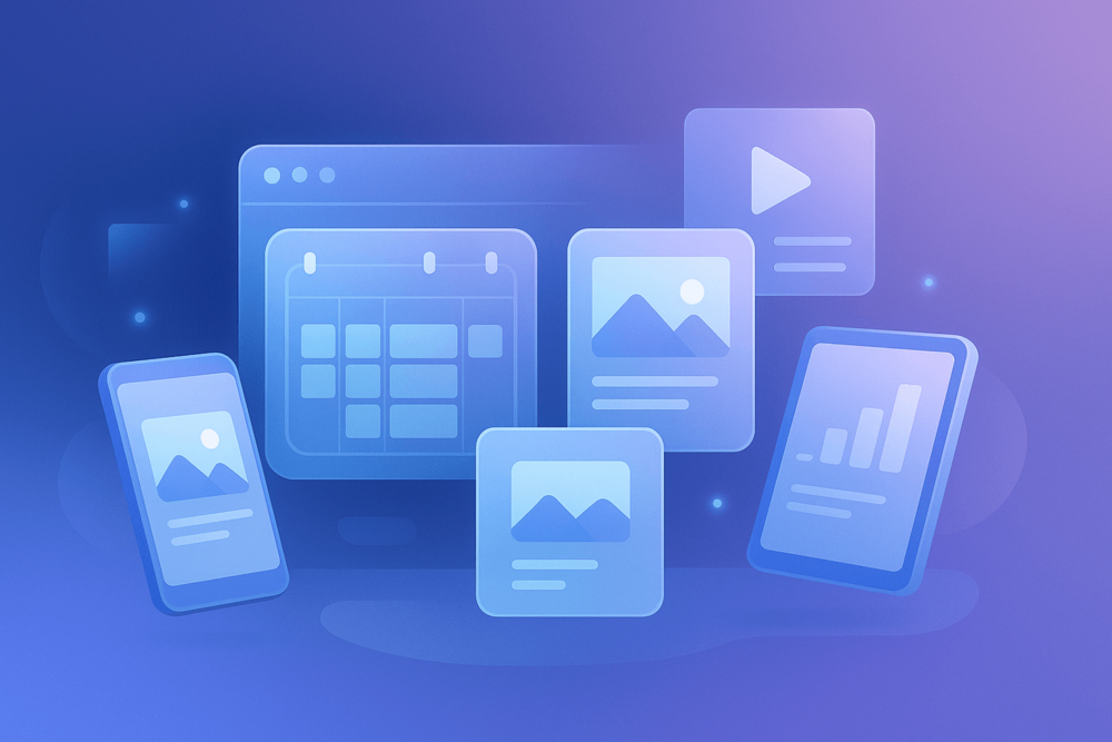 Floating cartoon-style digital workspace with calendar and content icons for Facebook scheduling.