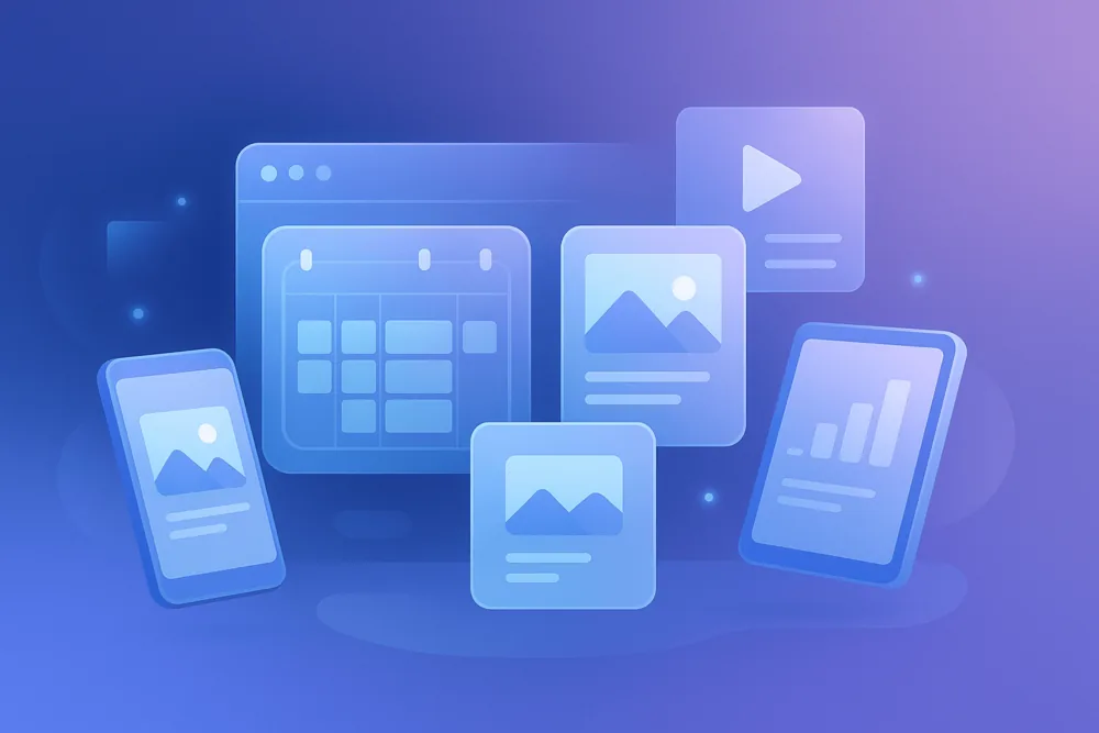 Floating cartoon-style digital workspace with calendar and content icons for Facebook scheduling.